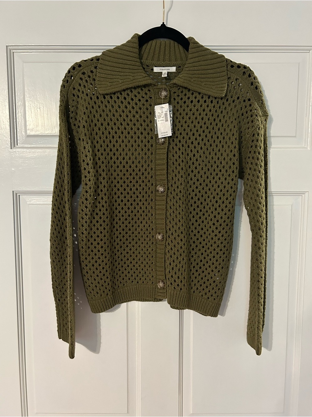 Maurices Olive Open-Knit Collared Button Cardigan